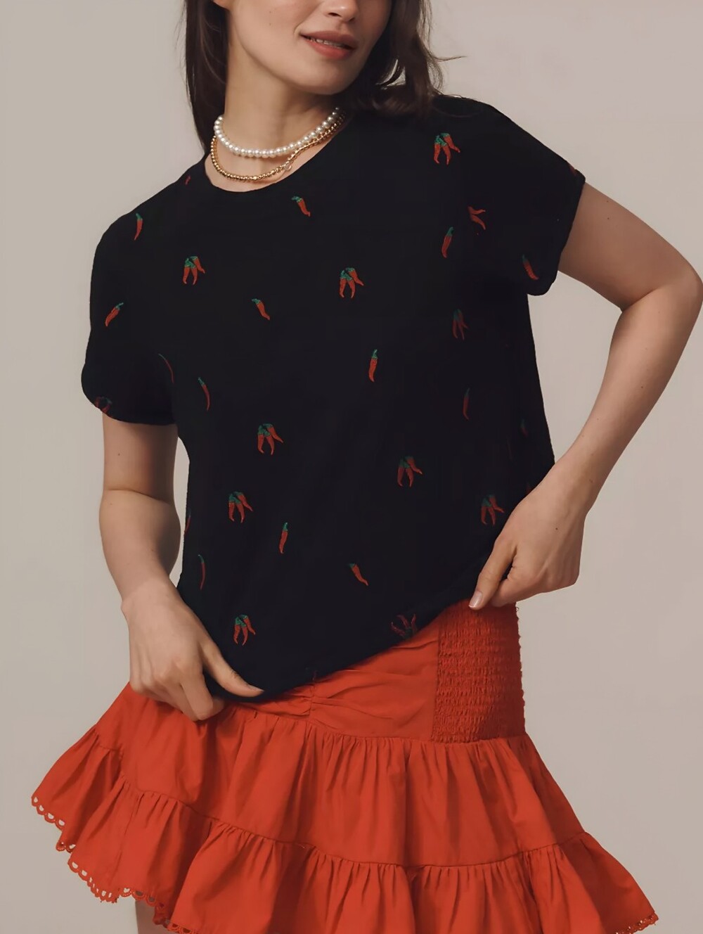 NWT Anthro Maeve Embroidered Pepper Caitlin Black Boxy Tee Top, S